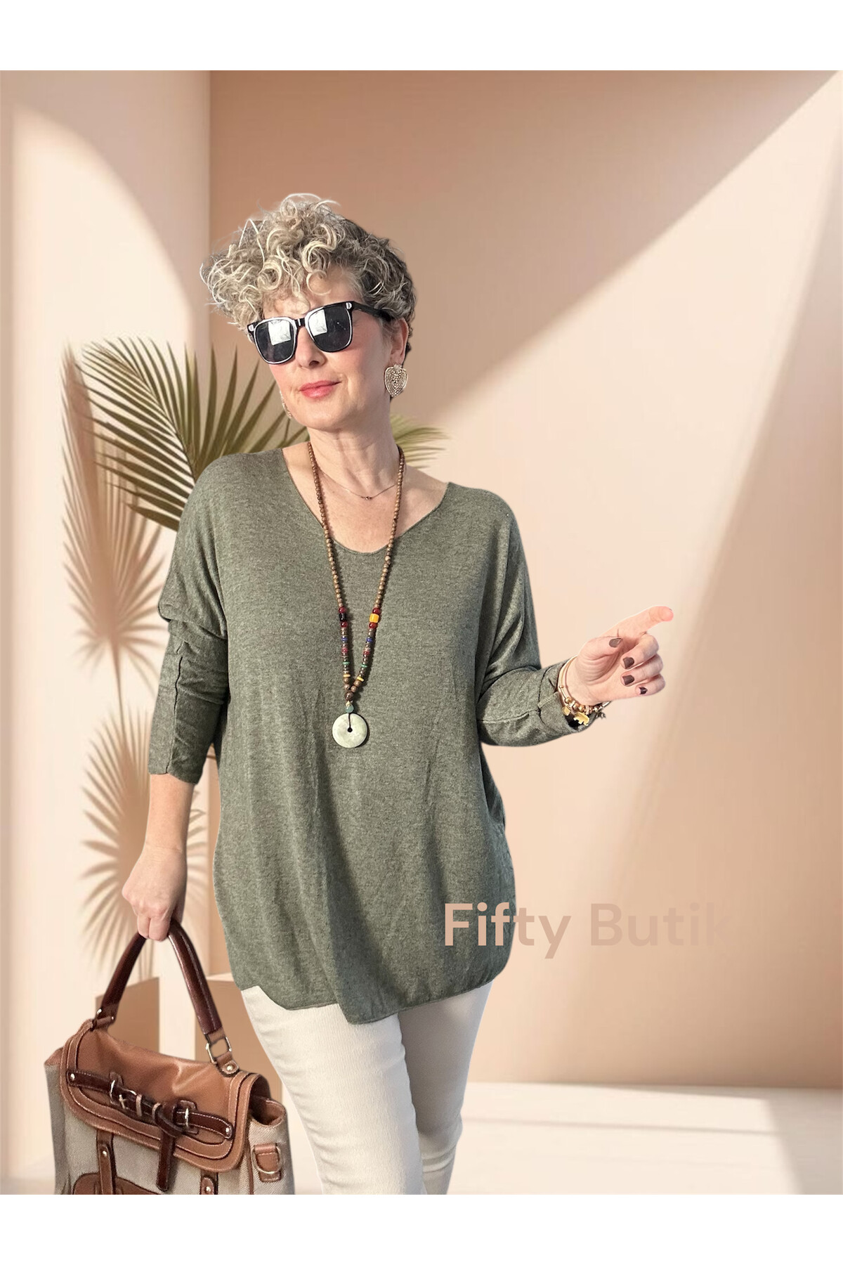 Nonna İthal V Yaka Tasarım Triko Haki