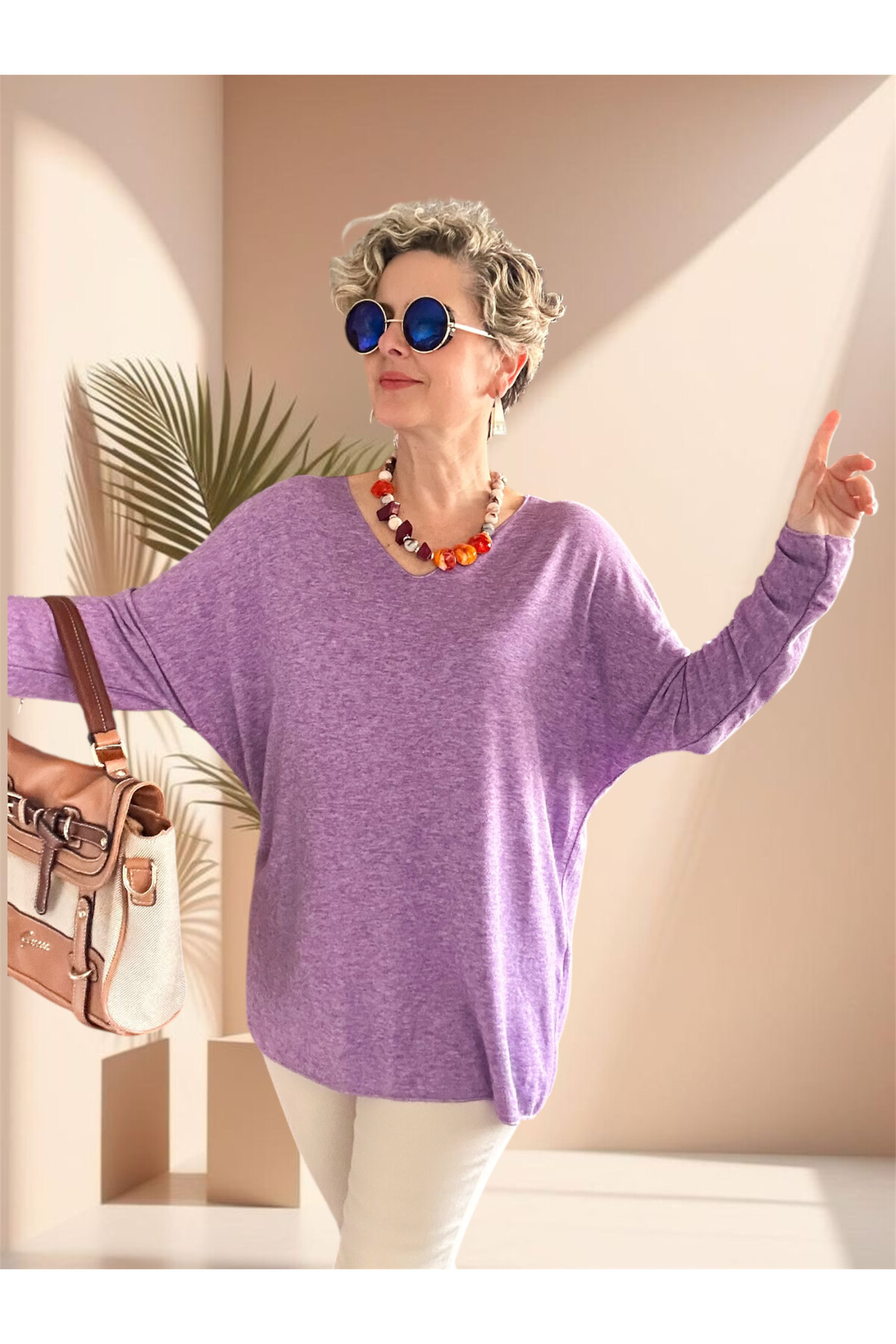 Nonna İthal V Yaka Tasarım Triko Lila