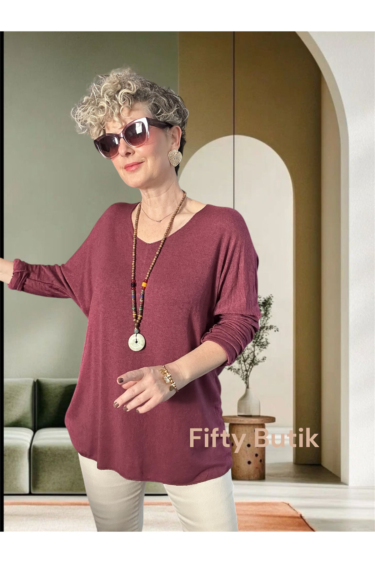 Nonna İthal V Yaka Tasarım Triko Mürdüm