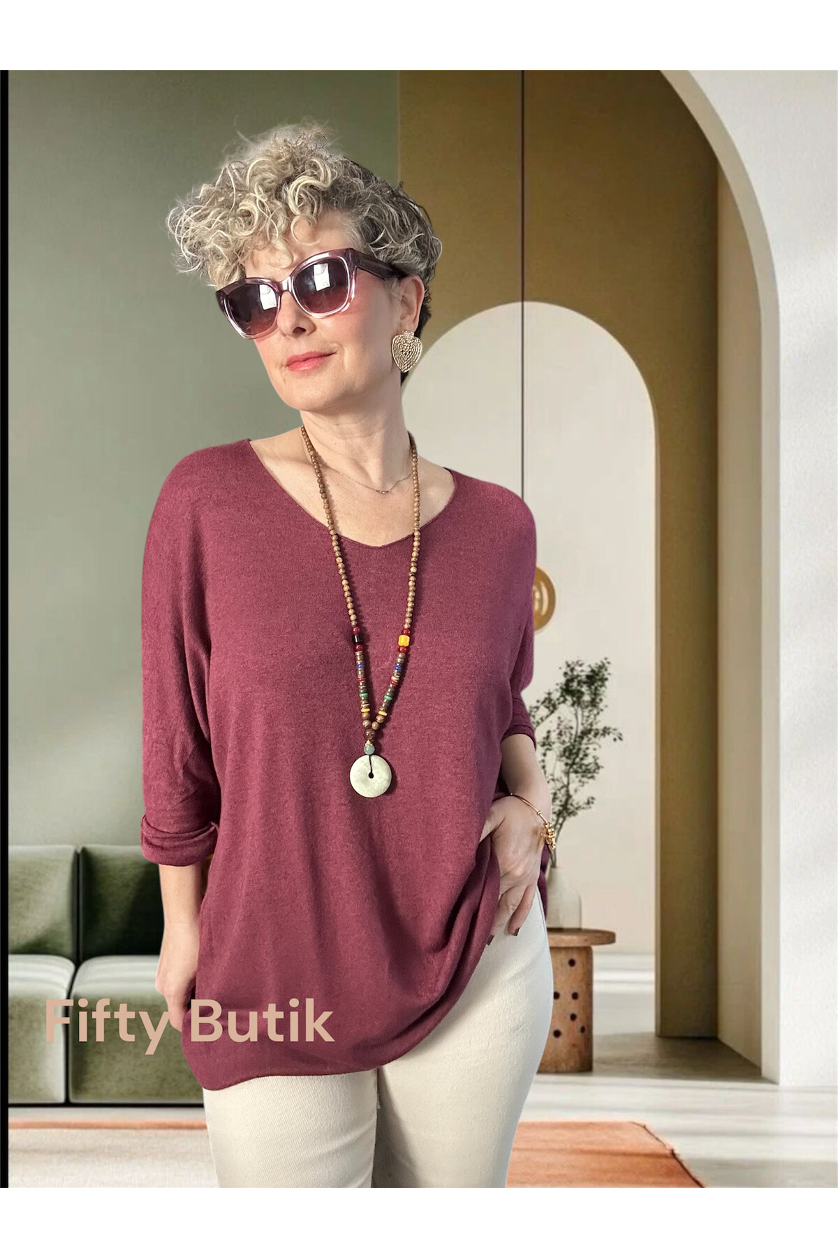 Nonna İthal V Yaka Tasarım Triko Mürdüm