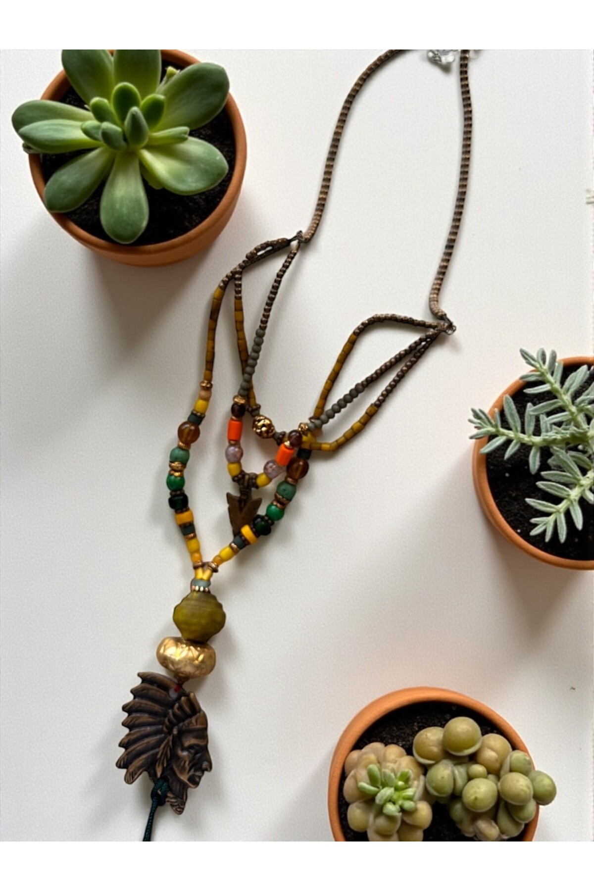 Opalya Pirinç Cam Etnik Kolye