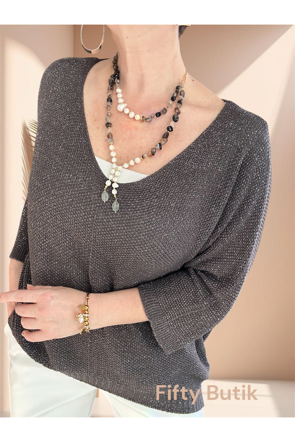 Otto İtalyan Sim Detay Triko Bluz Kahve