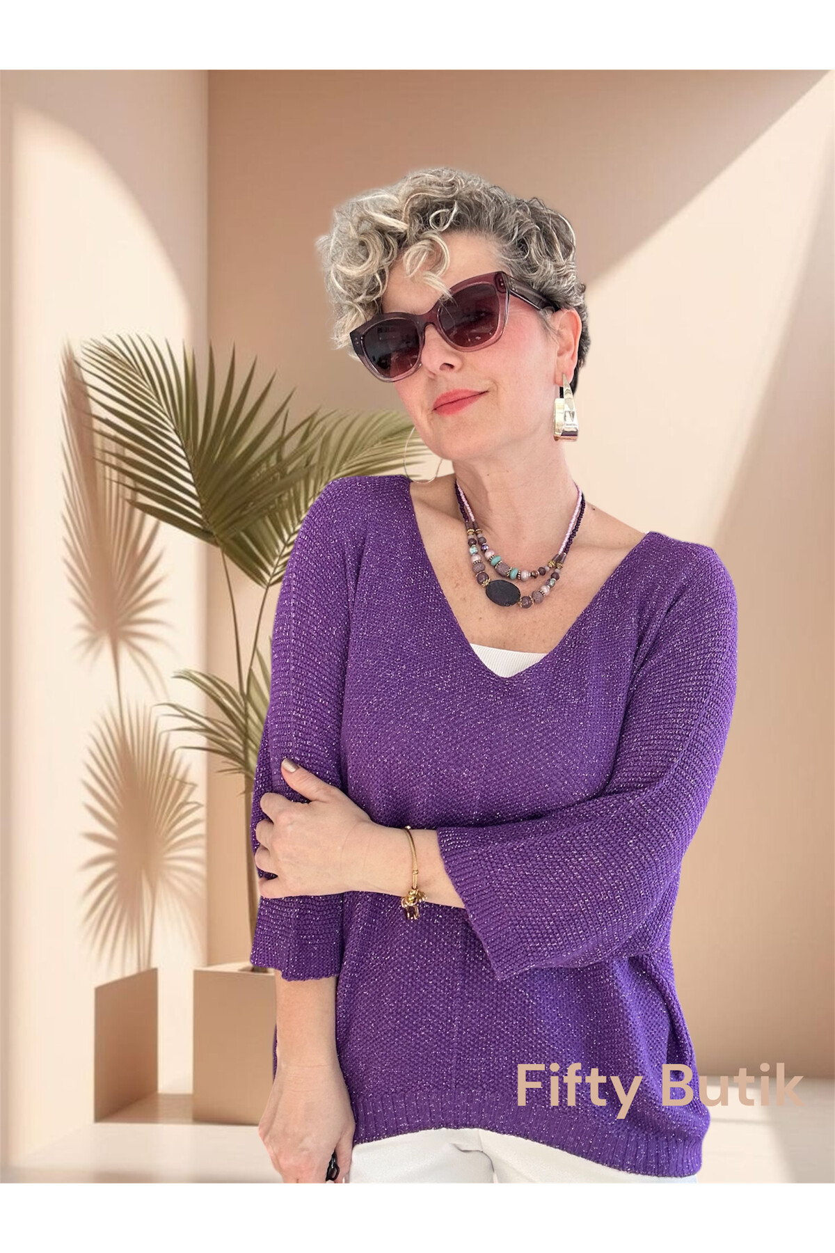 Otto İtalyan Sim Detay Triko Bluz Mor