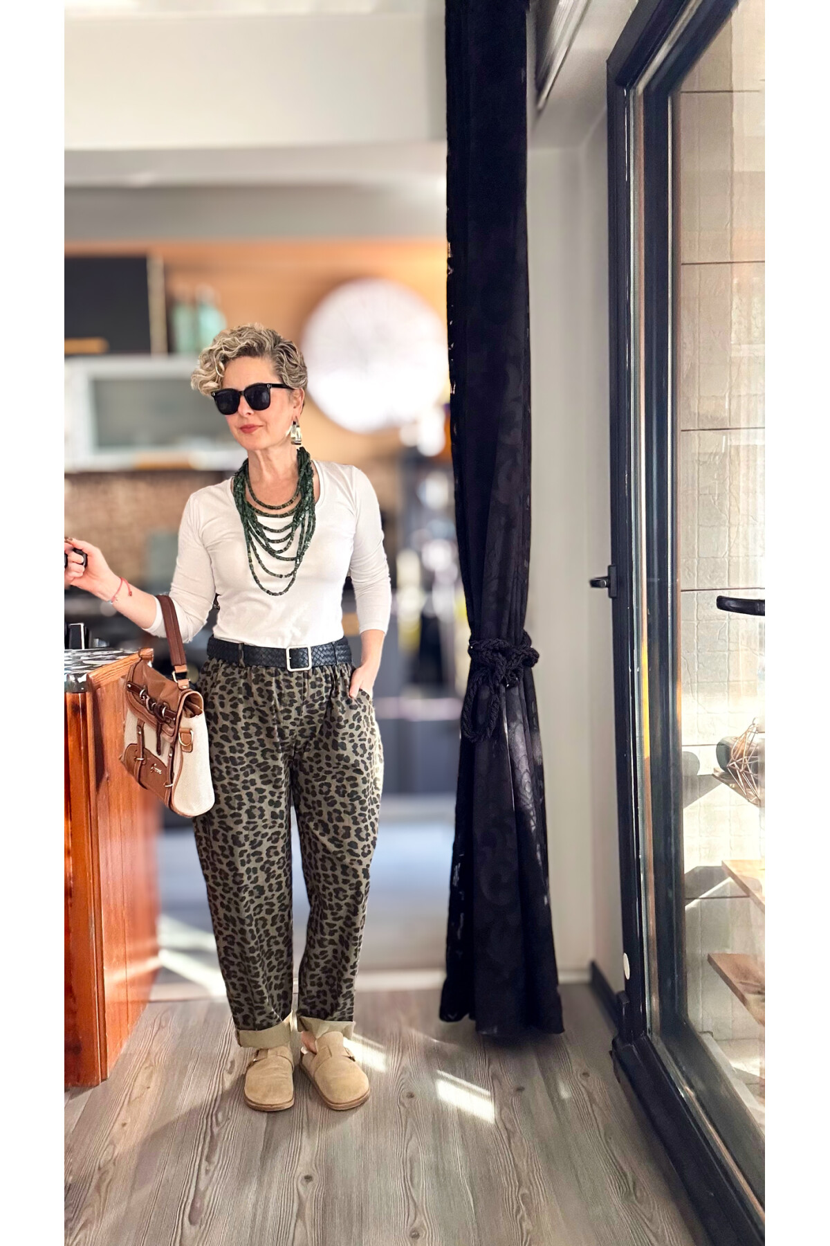 Oyyo İtalyan Deri Kemer Leopar Desen Pantolon Kahverengi