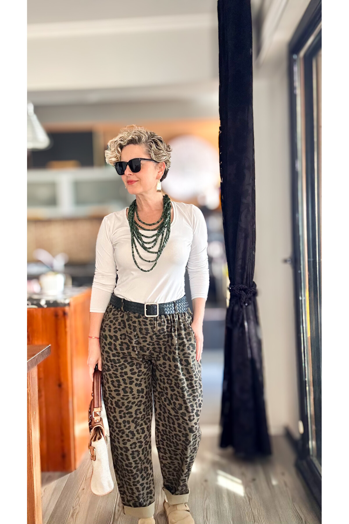 Oyyo İtalyan Deri Kemer Leopar Desen Pantolon Kahverengi