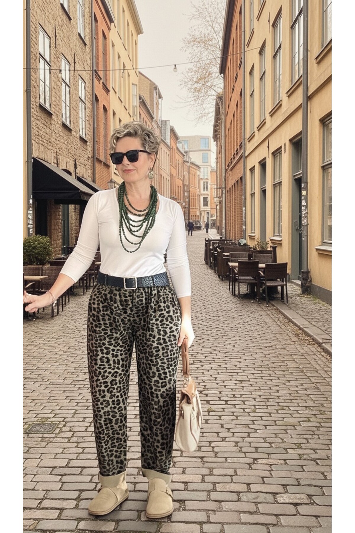 Oyyo İtalyan Deri Kemer Leopar Desen Pantolon Kahverengi