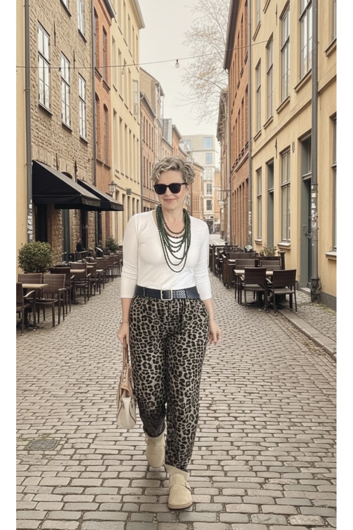 Oyyo İtalyan Deri Kemer Leopar Desen Pantolon Kahverengi