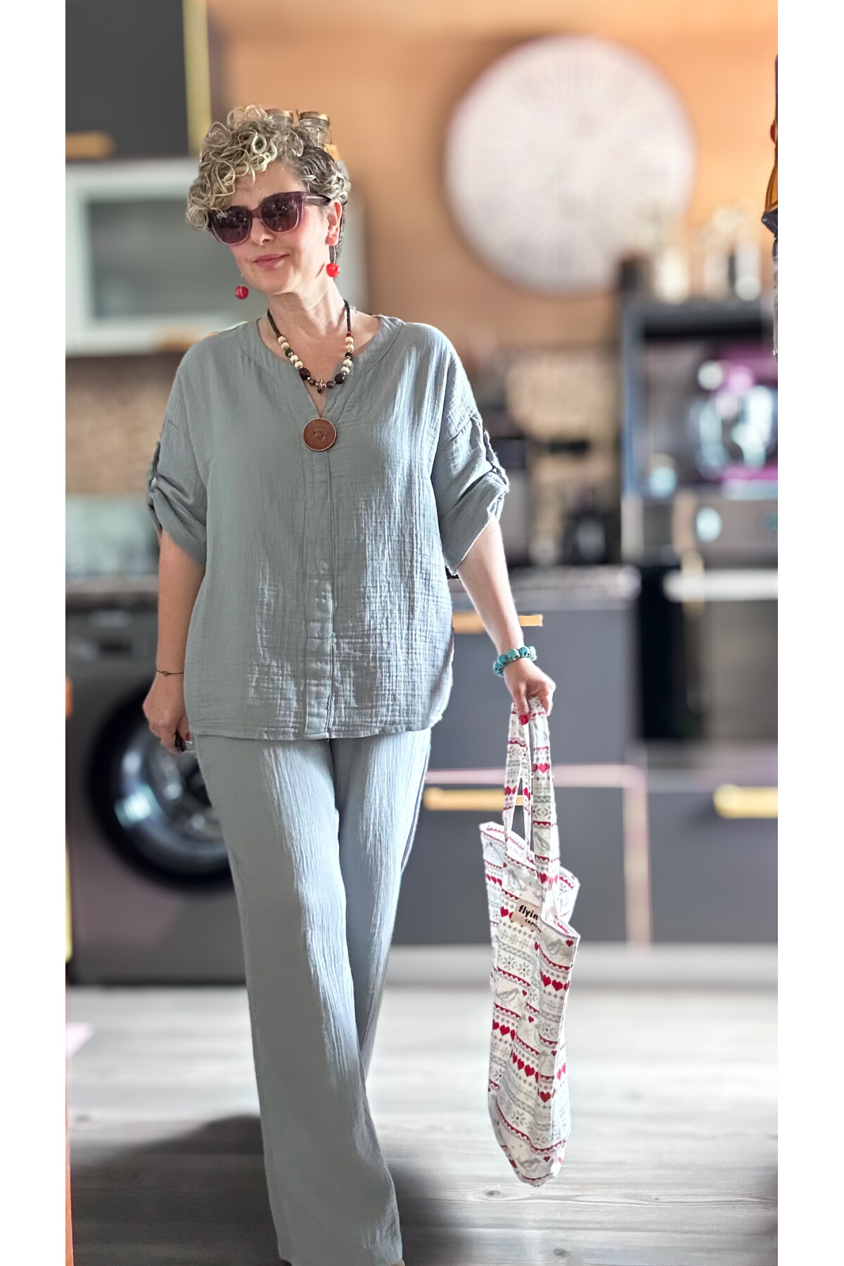 Passero Müslin Tahta Düğmeli Bluz Pantolon Takım Açık Gri