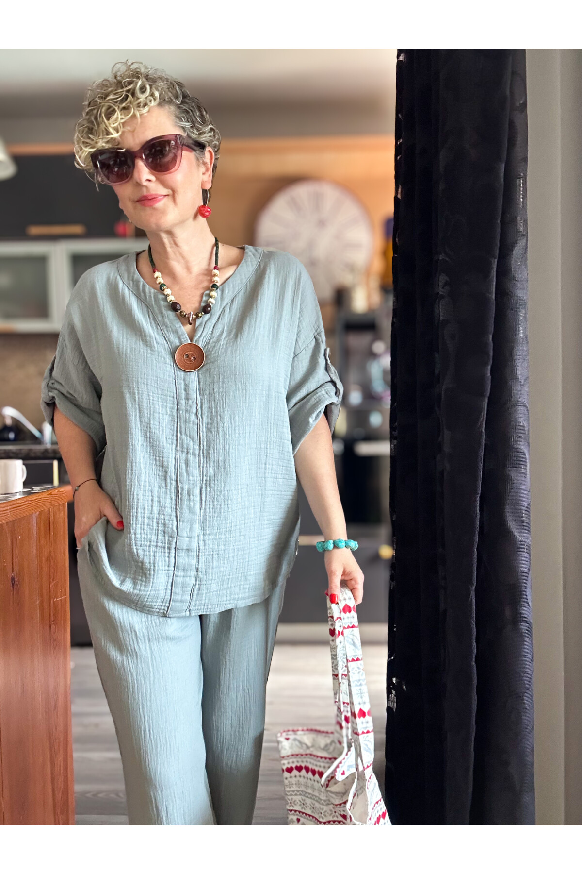 Passero Müslin Tahta Düğmeli Bluz Pantolon Takım Açık Gri