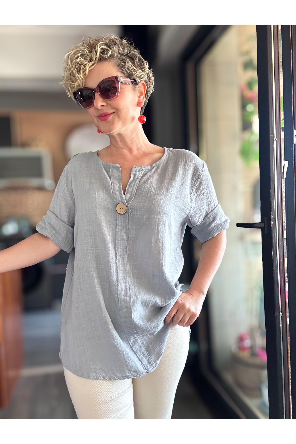 Peppino İtalyan Tahta Düğme Detay Bluz Açık Gri