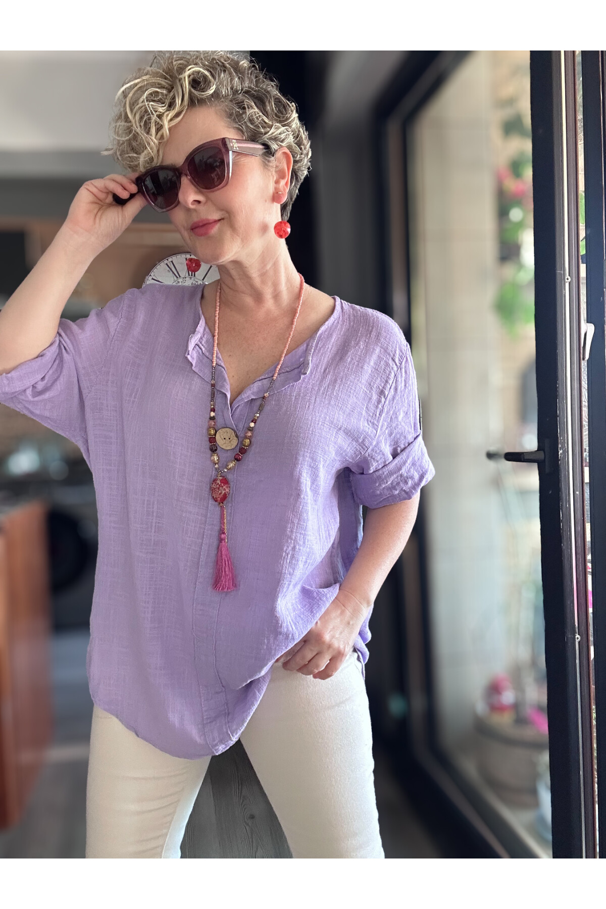 Peppino İtalyan Tahta Düğme Detay Bluz Eflatun