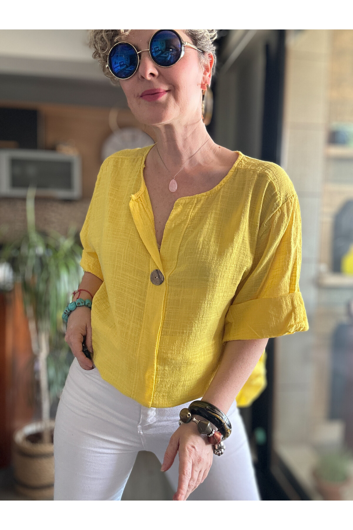 Peppino İtalyan Tahta Düğme Detay Bluz Sarı