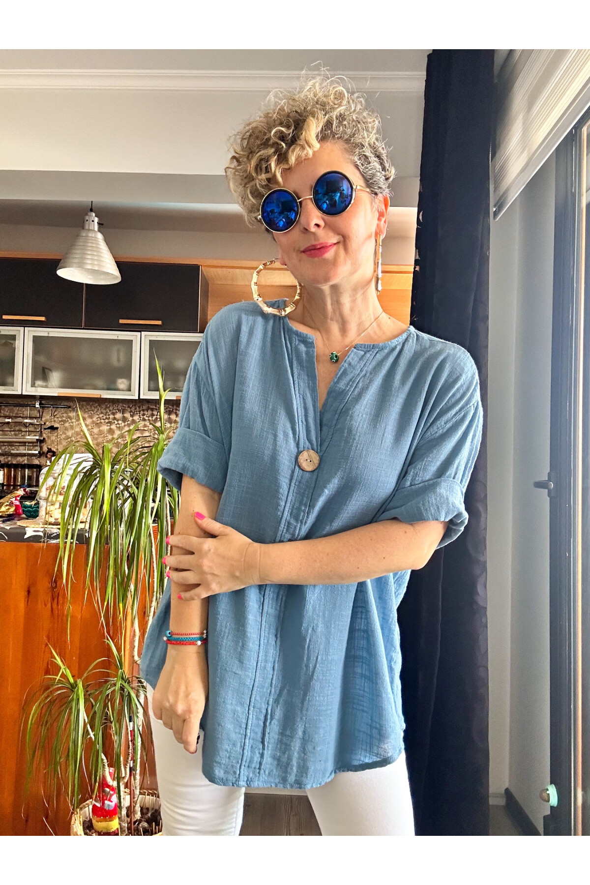 Peppino İtalyan Tahta Düğme Detay Bluz Gök Mavi