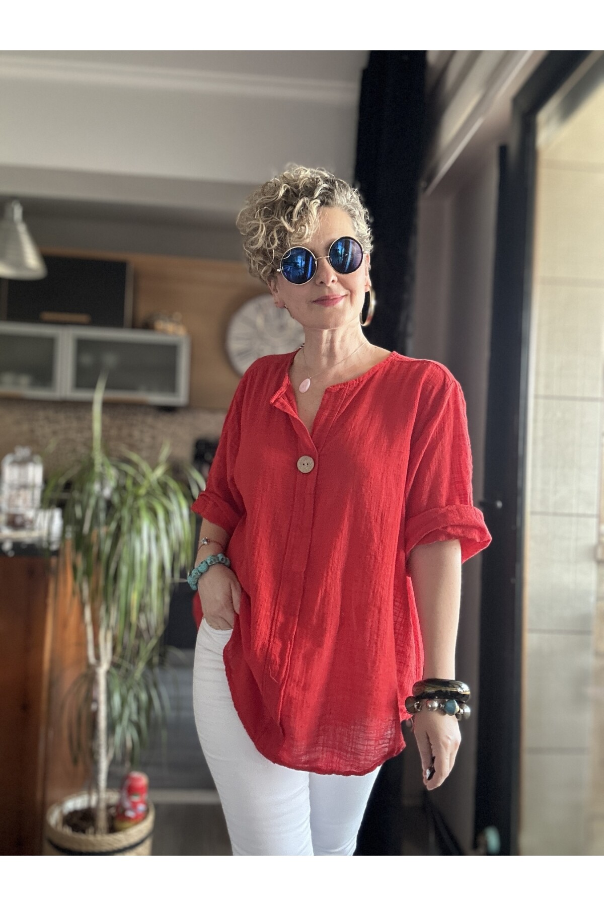 Peppino İtalyan Tahta Düğme Detay Bluz Kırmızı