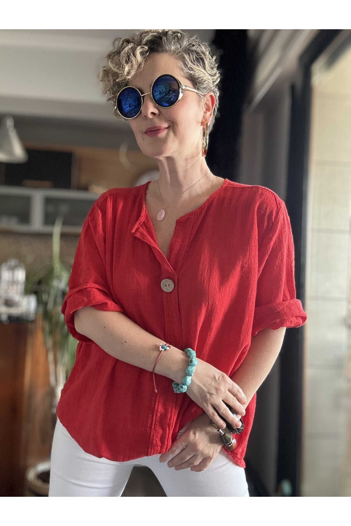 Peppino İtalyan Tahta Düğme Detay Bluz Kırmızı