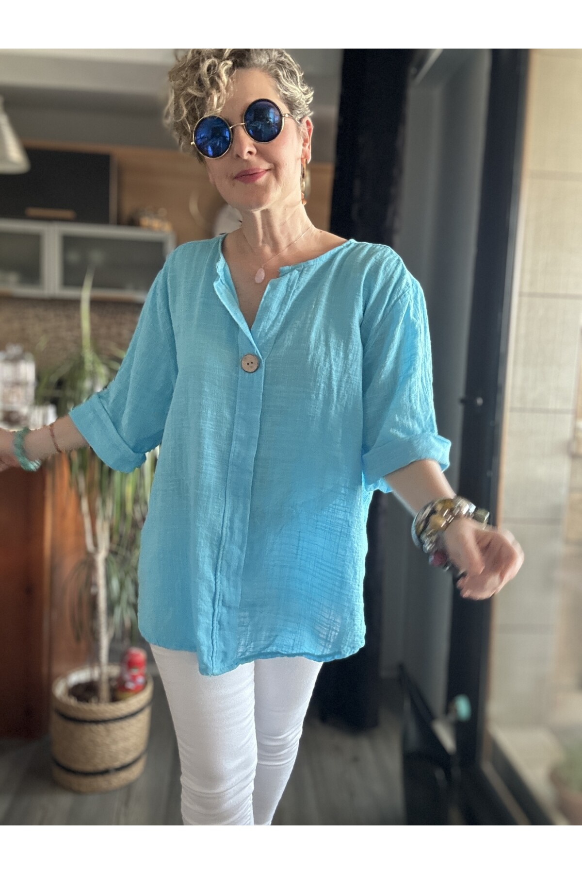 Peppino İtalyan Tahta Düğme Detay Bluz Turkuaz