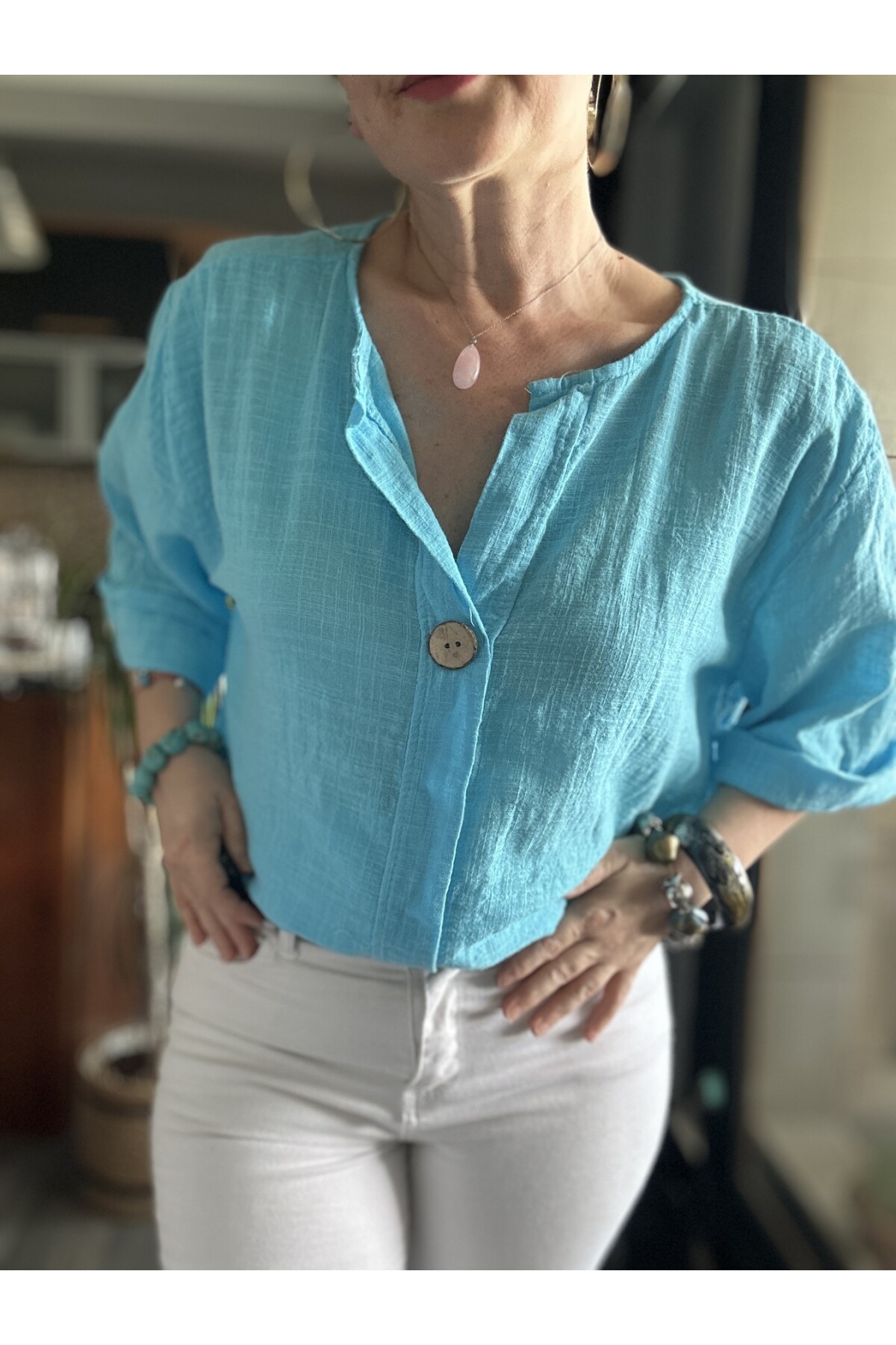 Peppino İtalyan Tahta Düğme Detay Bluz Turkuaz