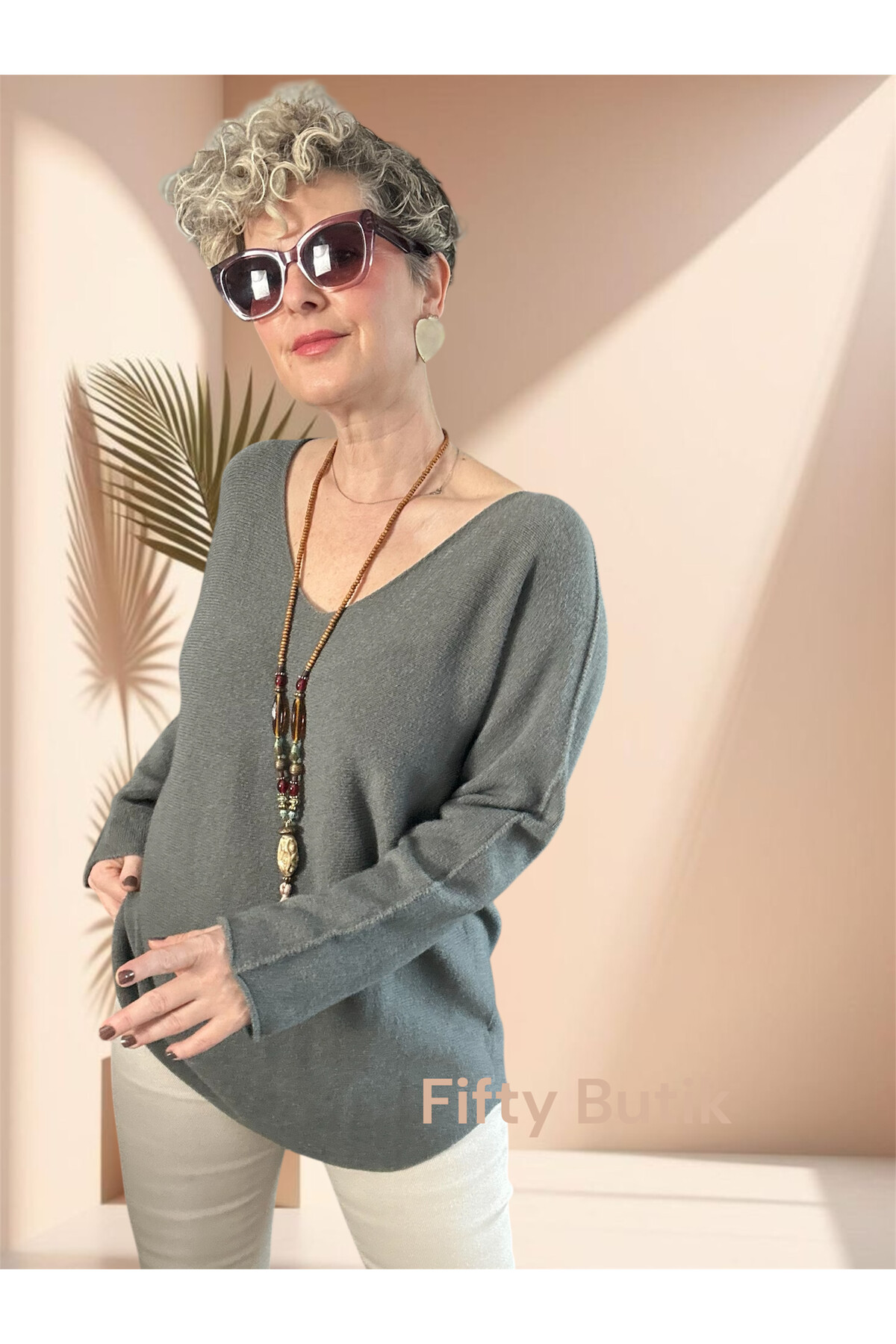 Piatti İtalyan V Yaka Yumoş Oval Triko Soft Haki