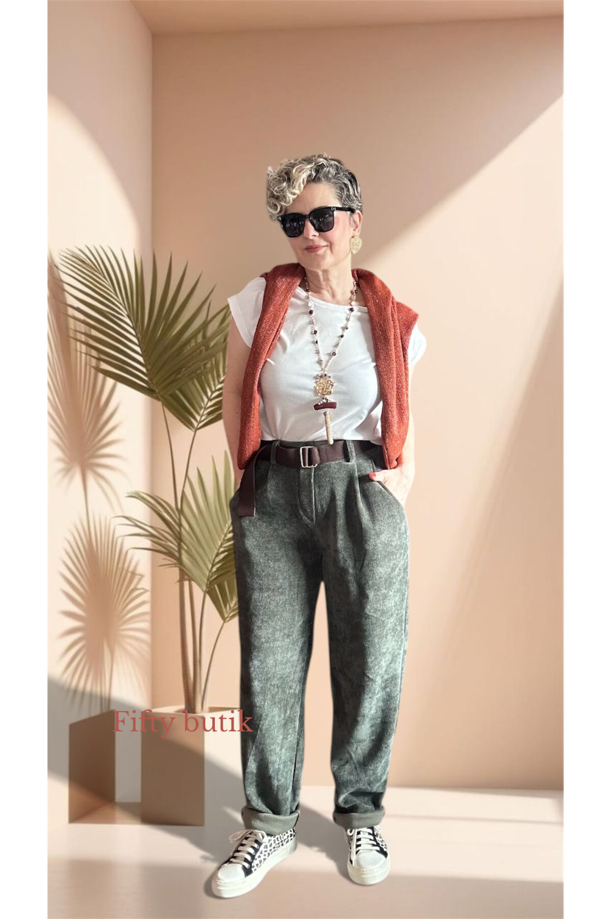 Pierro İtalyan Şönil Kemerli Havuç Pantolon Haki