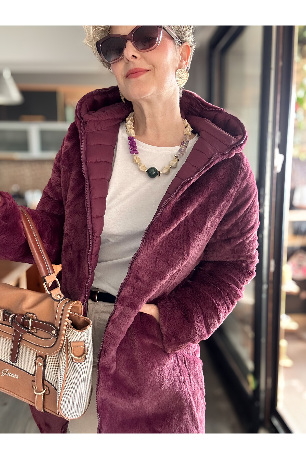 Ping İthal Çift Taraflı Anorak Peluş Uzun Mont Bordo