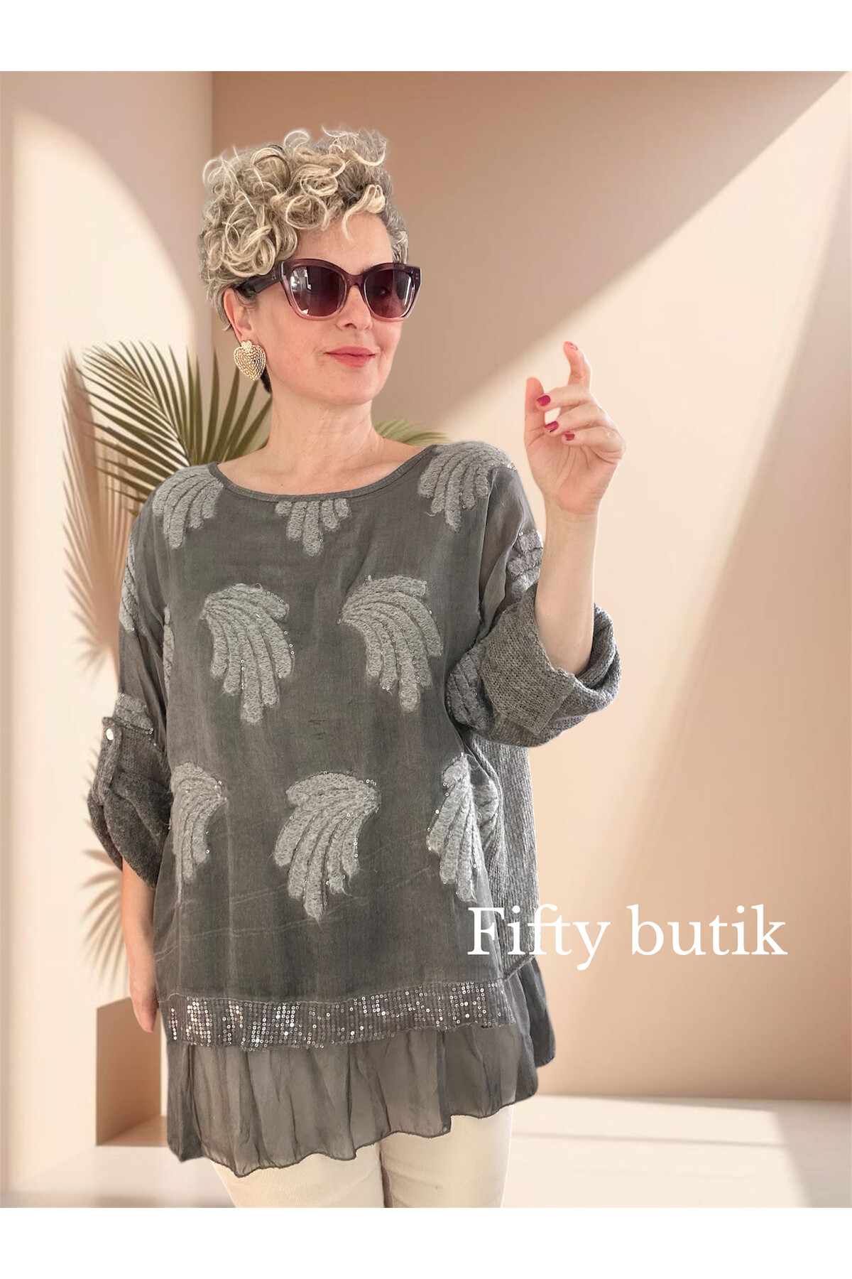 Pitti İthal Pul Payet İşleme Detay Triko Bluz Antrasit