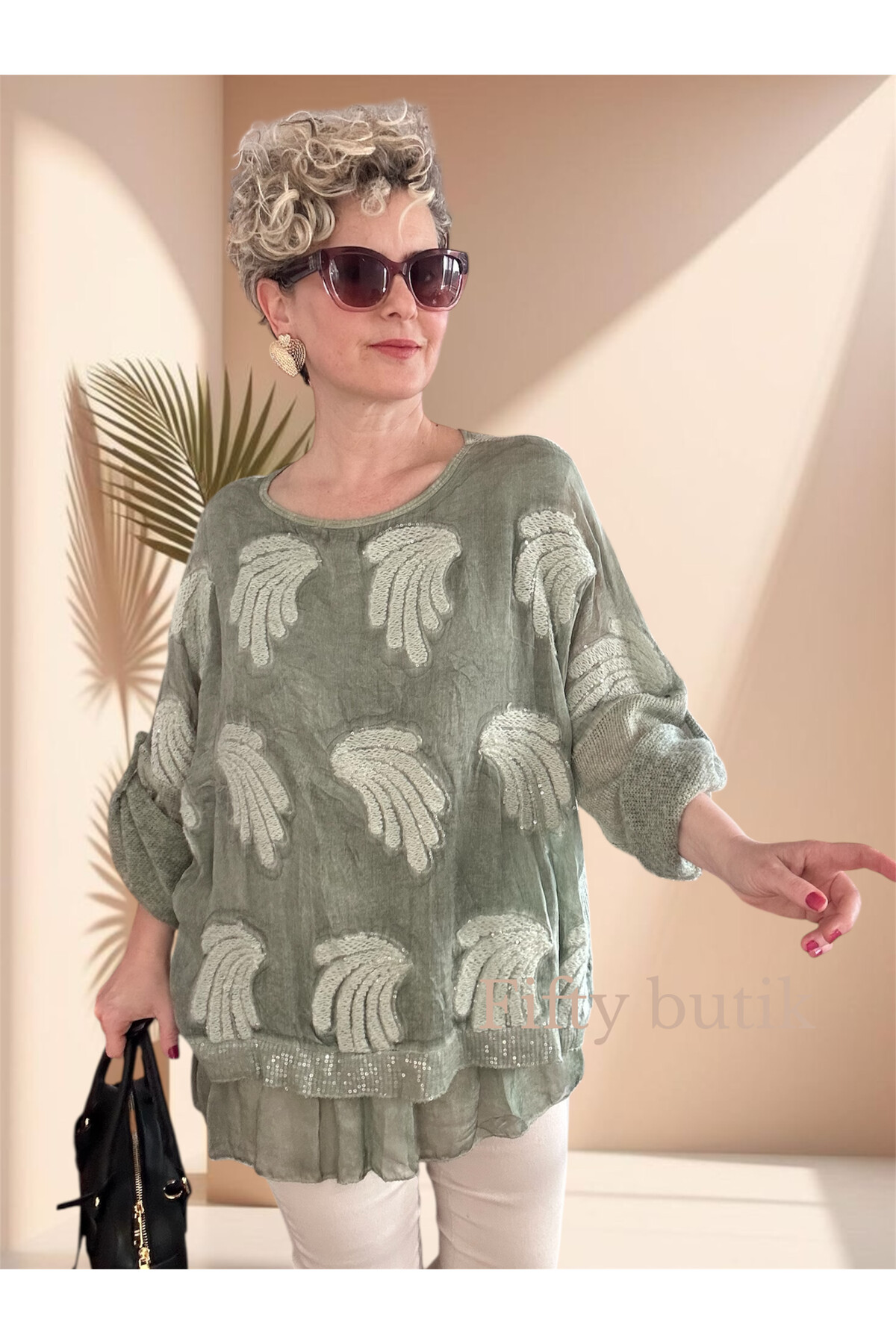 Pitti İthal Pul Payet İşleme Detay Triko Bluz Su Yeşili