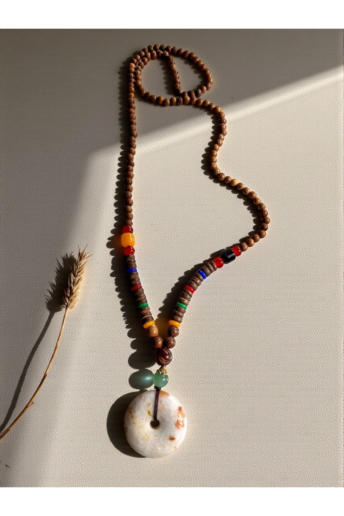 Raja Doğal Taş Etnik Cam Bambu Kolye Ekru