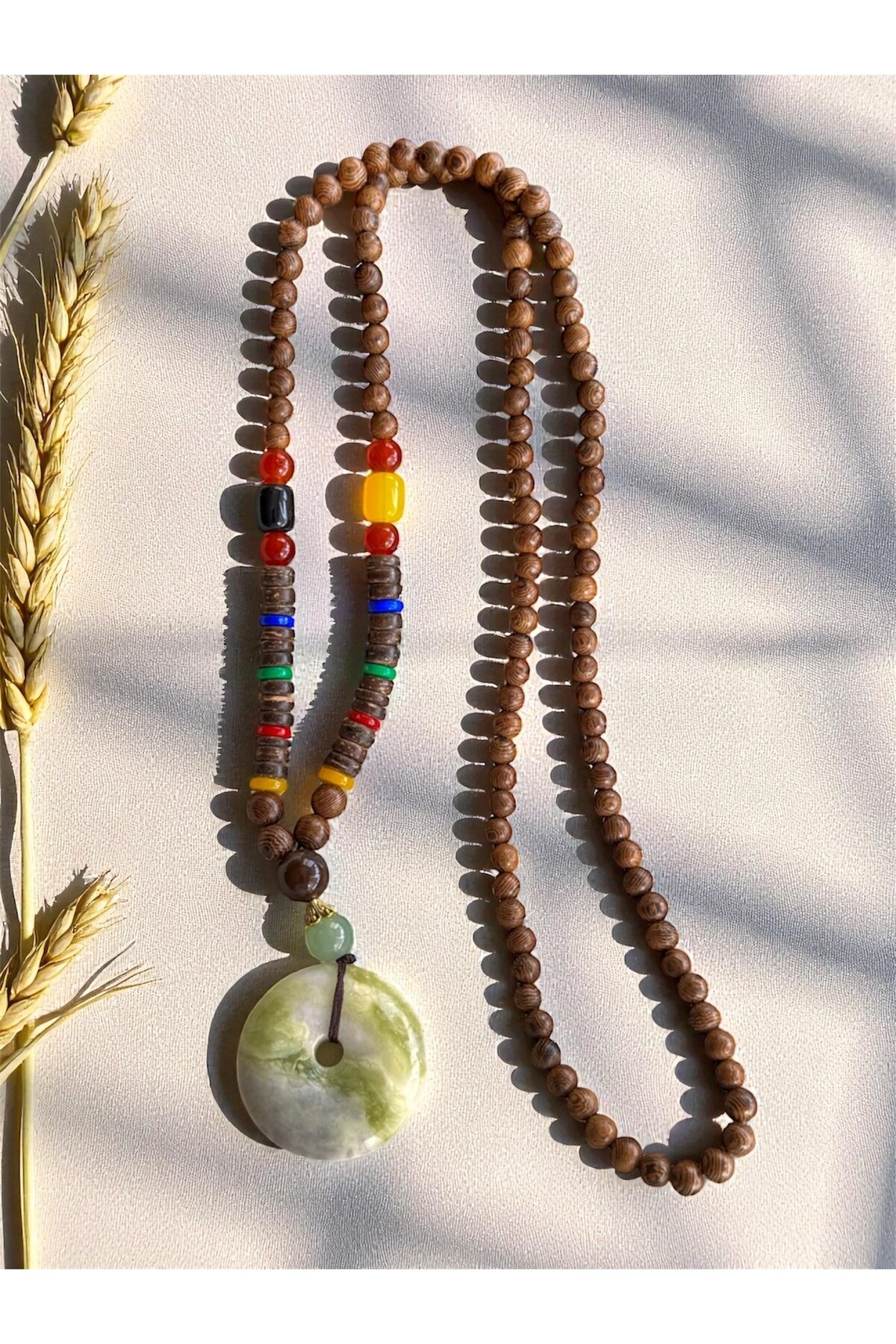 Raja Doğal Taş Etnik Cam Bambu Kolye Mint