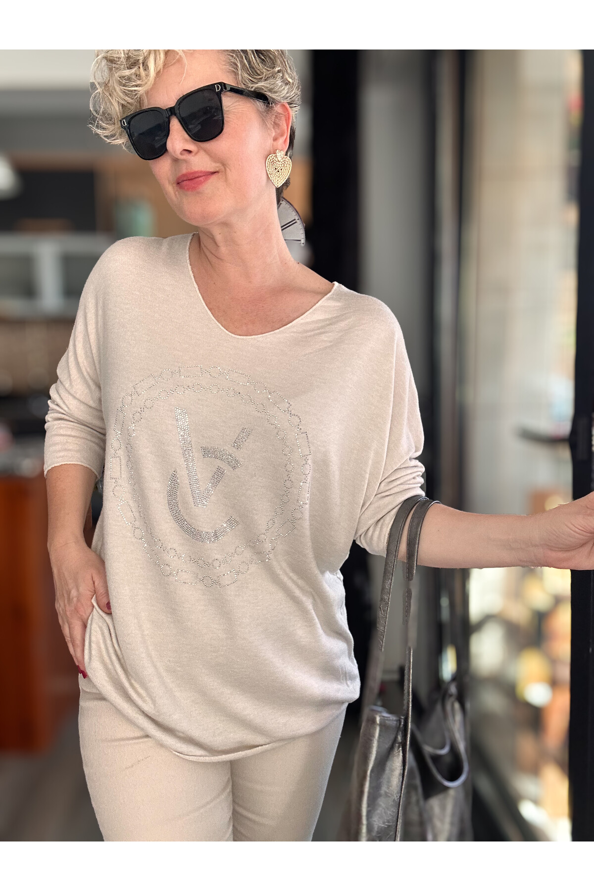 Rasly İtalyan Taş Detay Triko Bluz Bej