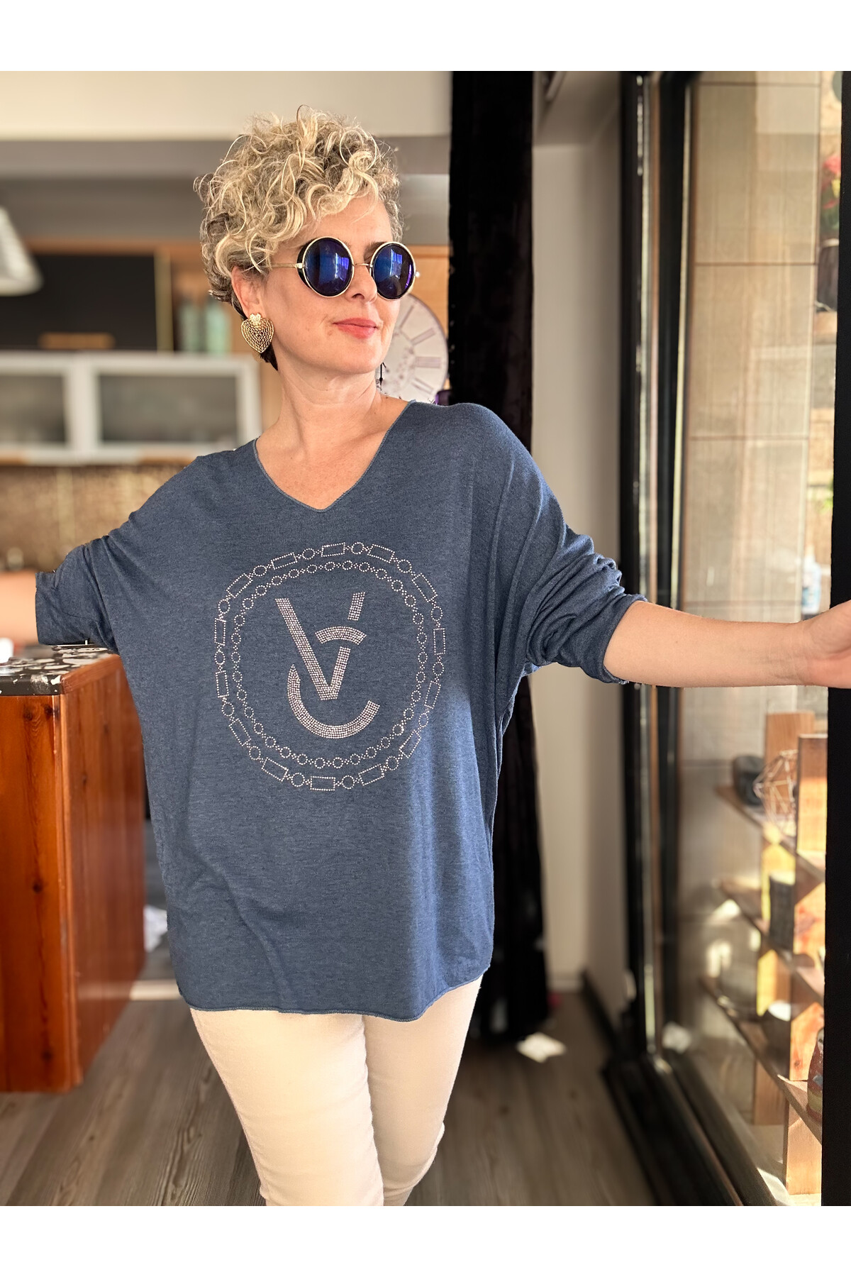 Rasly İtalyan Taş Detay Triko Bluz İndigo