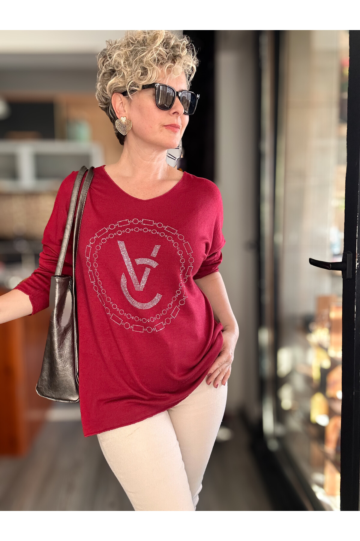 Rasly İtalyan Taş Detay Triko Bluz Red