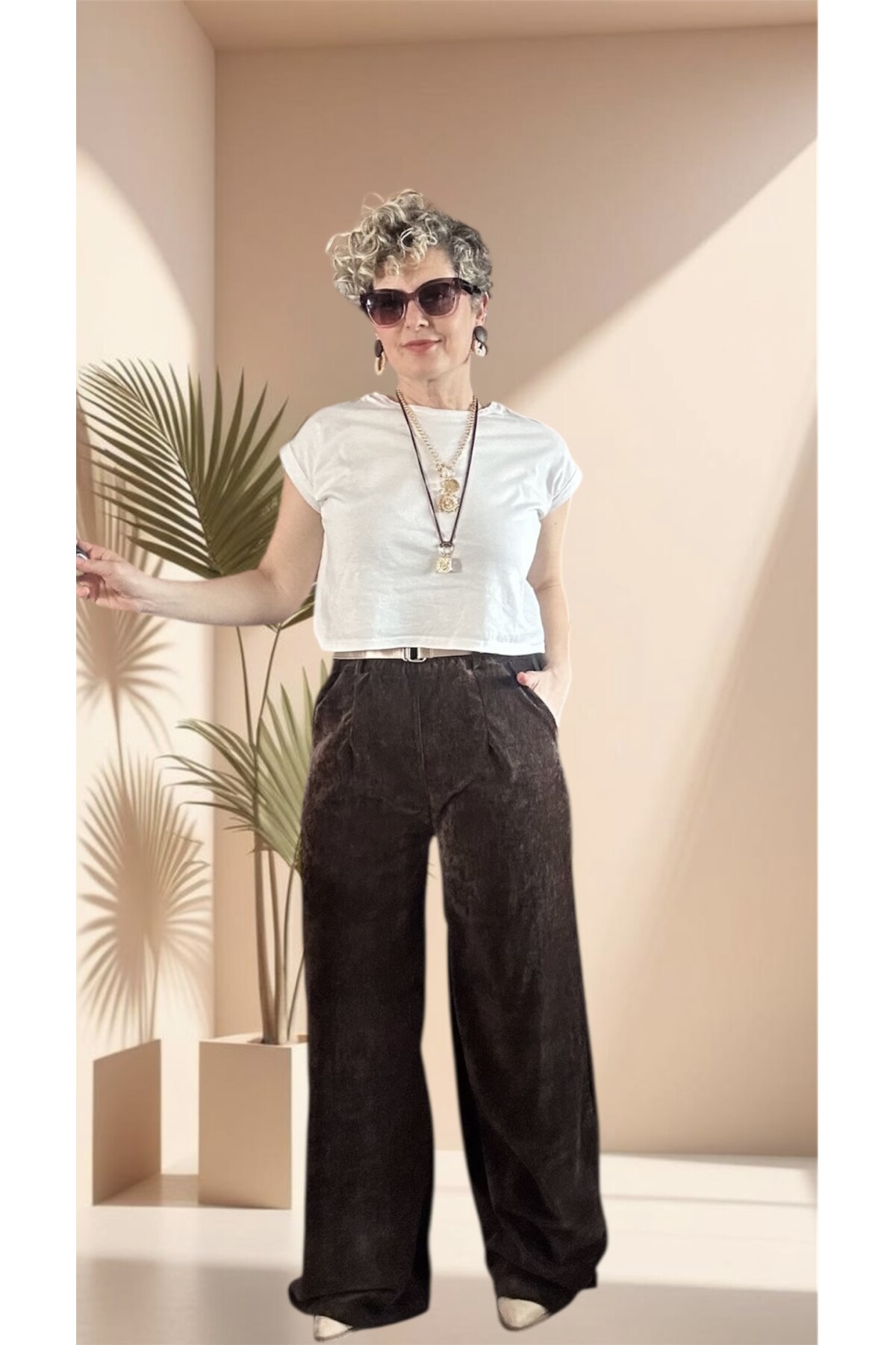 Rella İtalyan Şönil Kemerli Palazzo Pantolon Kahve