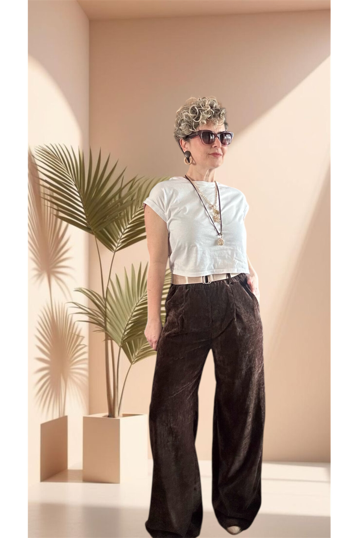 Rella İtalyan Şönil Kemerli Palazzo Pantolon Kahve