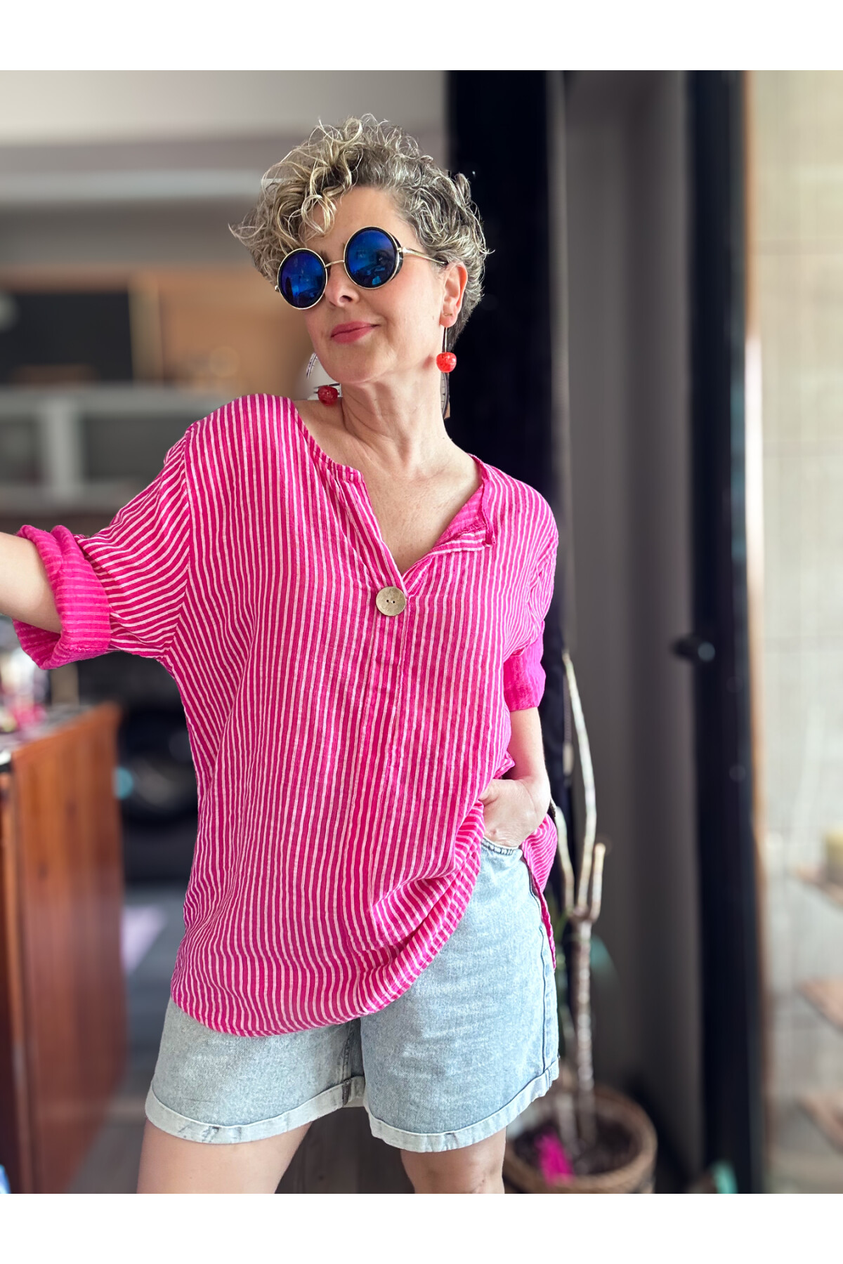 Rimmi İtalyan Çizgili Düğme Detay Bluz Fuşya