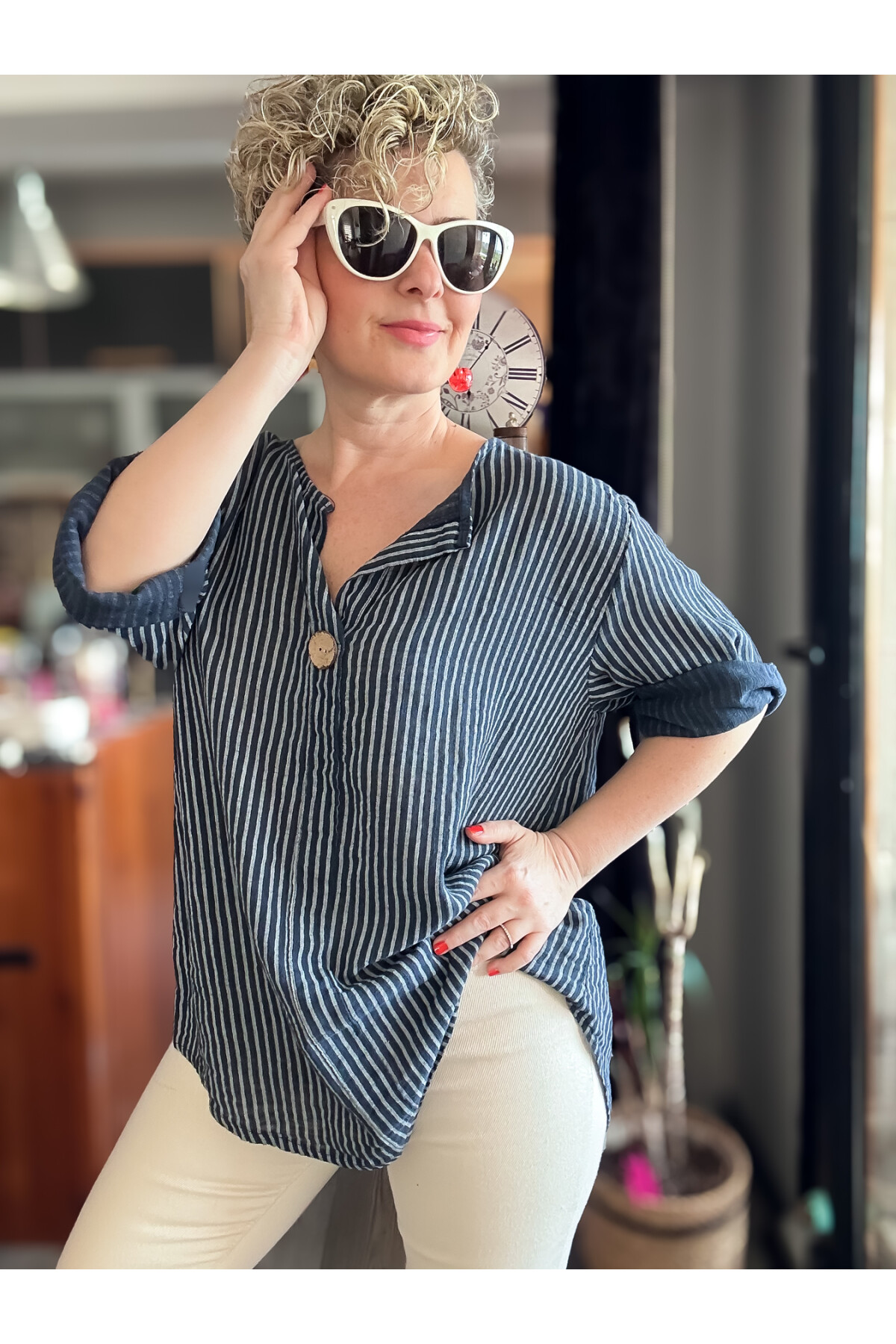 Rimmi İtalyan Çizgili Düğme Detay Bluz Lacivert