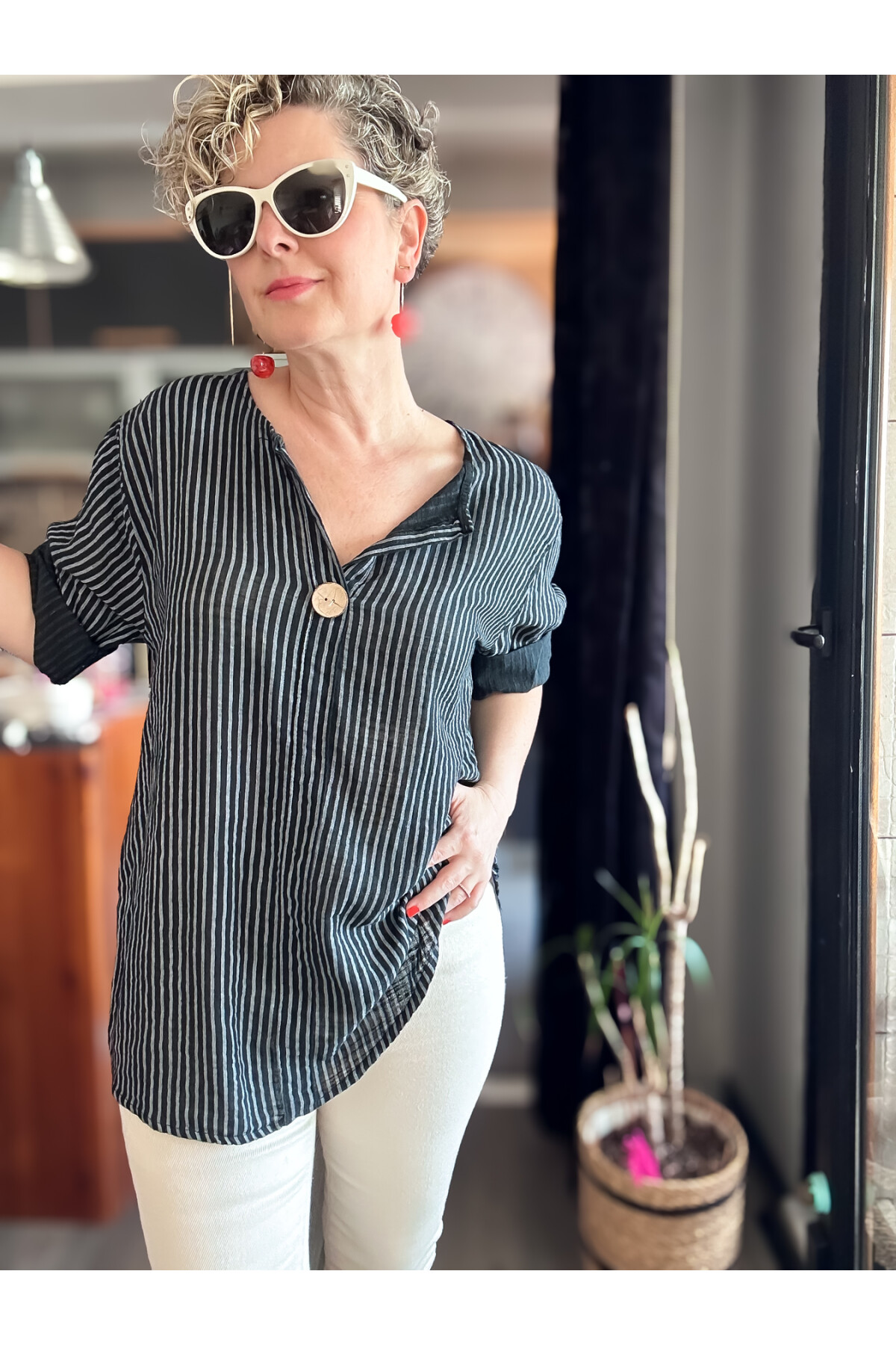 Rimmi İtalyan Çizgili Düğme Detay Bluz Siyah