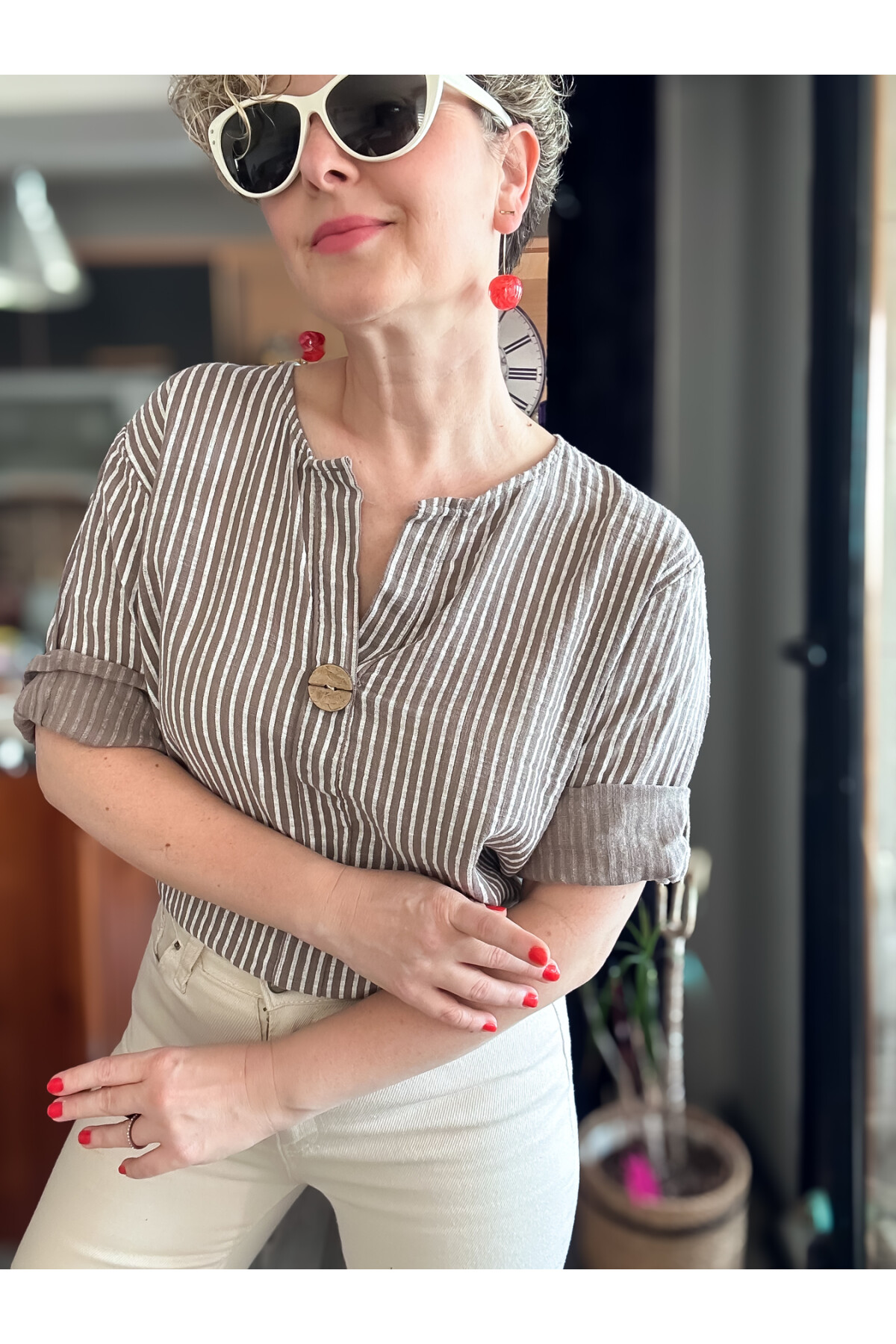 Rimmi İtalyan Çizgili Düğme Detay Bluz Vizon