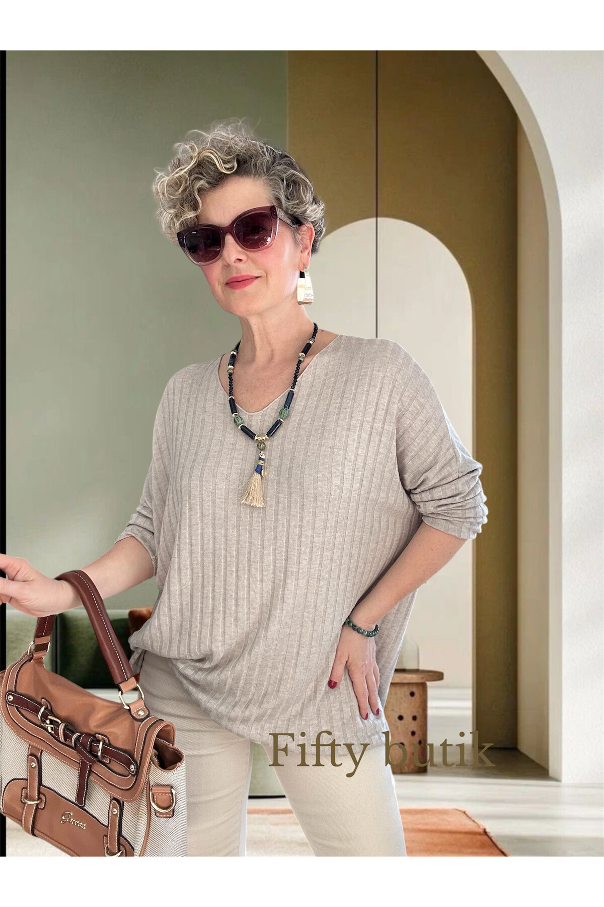 Rossi İtalyan Fularlı Tasarım Triko Bluz Beige