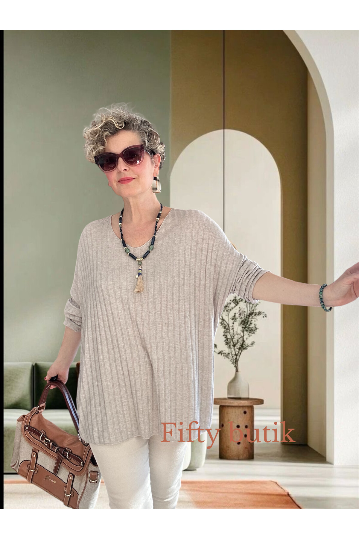 Rossi İtalyan Fularlı Tasarım Triko Bluz Beige