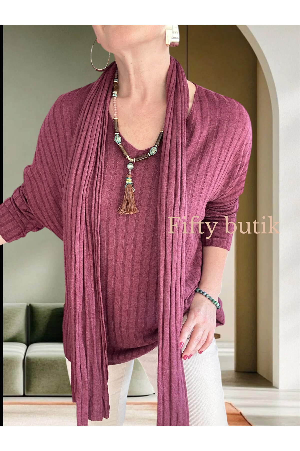 Rossi İtalyan Fularlı Tasarım Triko Bluz Bordo