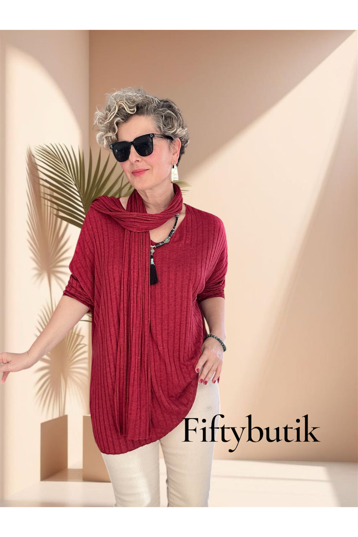 Rossi İtalyan Fularlı Tasarım Triko Bluz İndian Red