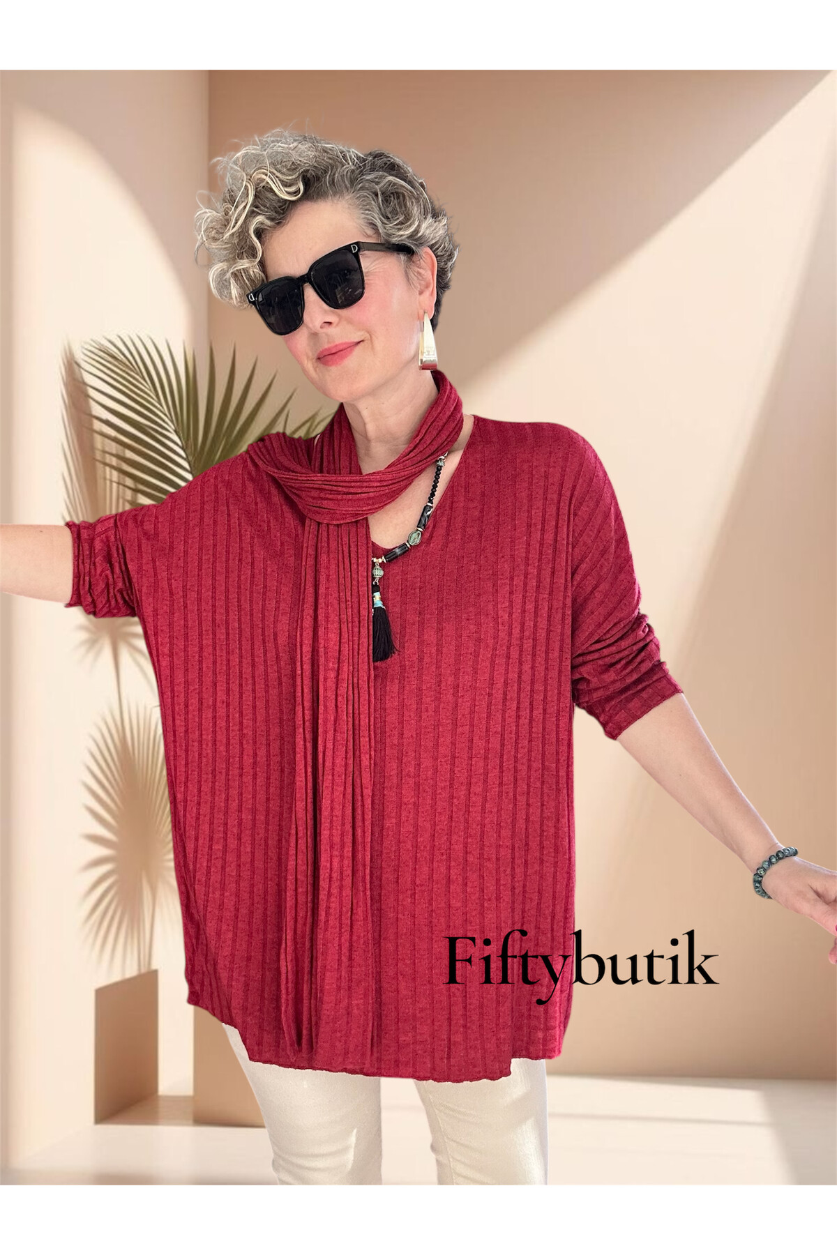 Rossi İtalyan Fularlı Tasarım Triko Bluz İndian Red