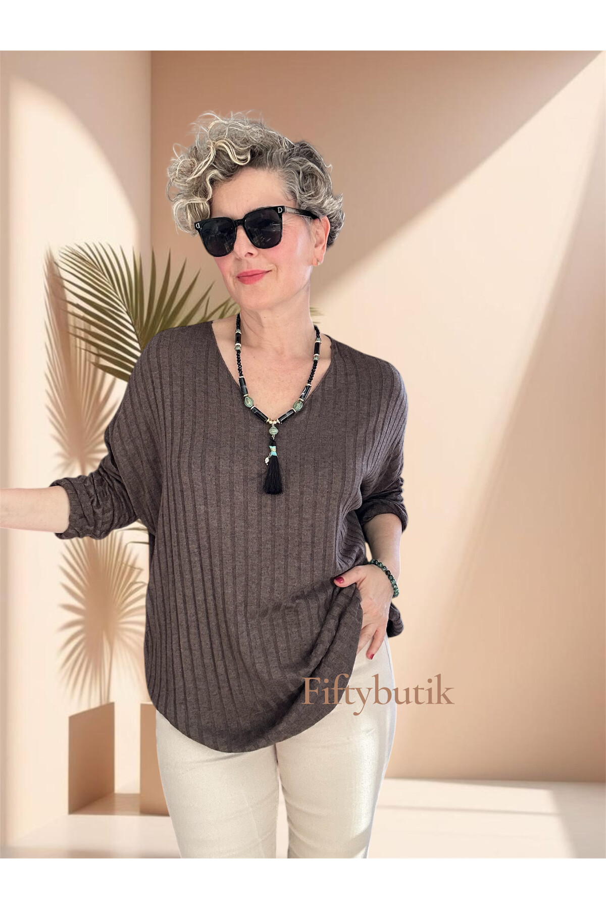 Rossi İtalyan Fularlı Tasarım Triko Bluz Kahve