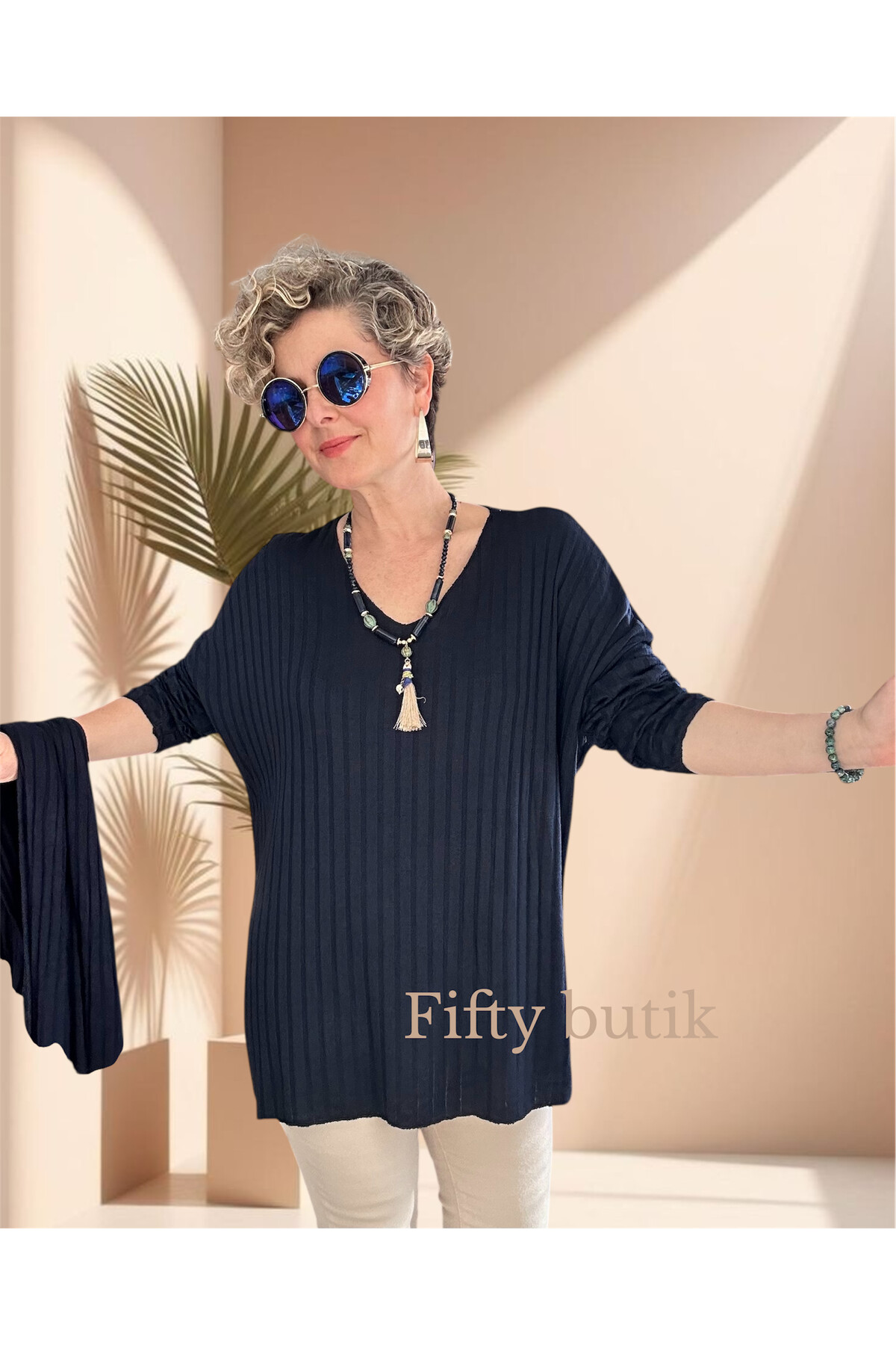 Rossi İtalyan Fularlı Tasarım Triko Bluz Navy