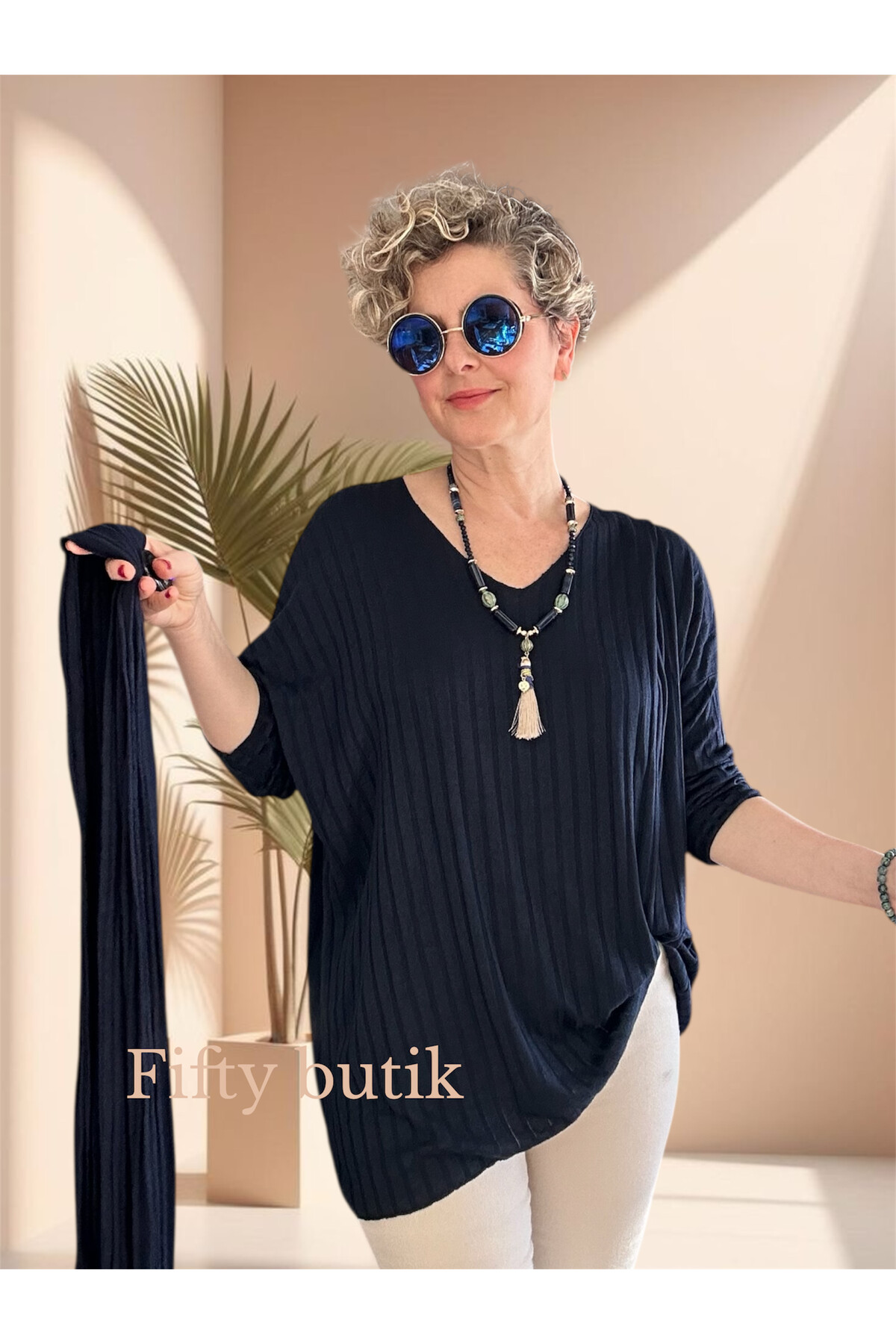 Rossi İtalyan Fularlı Tasarım Triko Bluz Navy