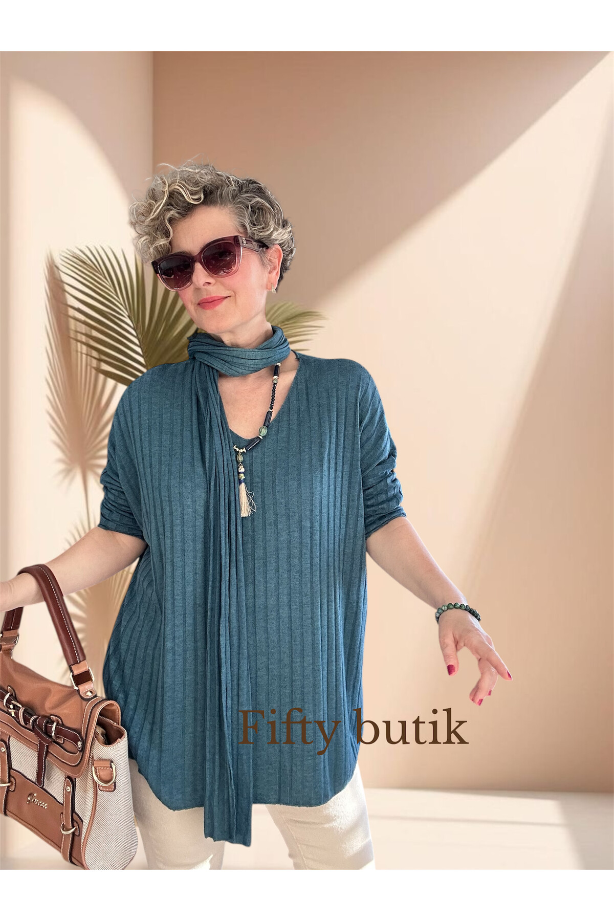 Rossi İtalyan Fularlı Tasarım Triko Bluz Petrol Mavi