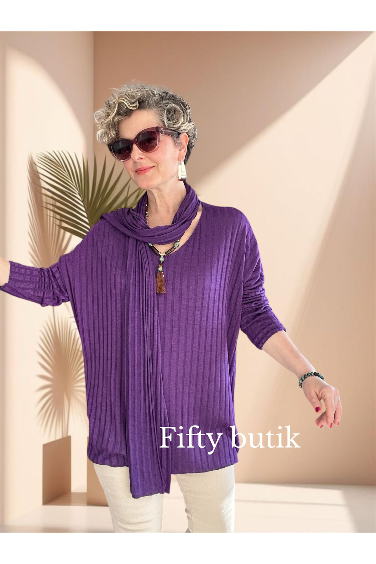 Rossi İtalyan Fularlı Tasarım Triko Bluz Purple