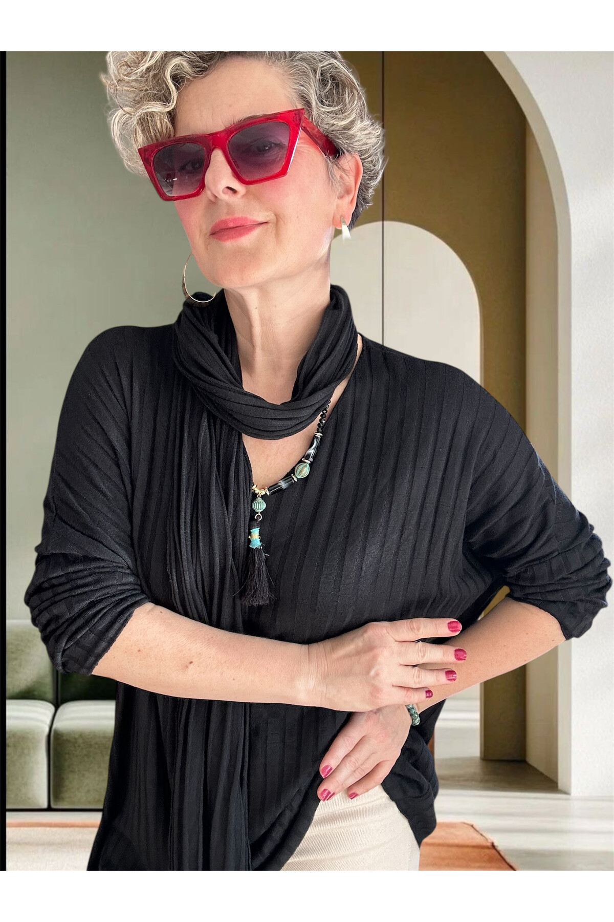 Rossi İtalyan Fularlı Tasarım Triko Bluz Siyah