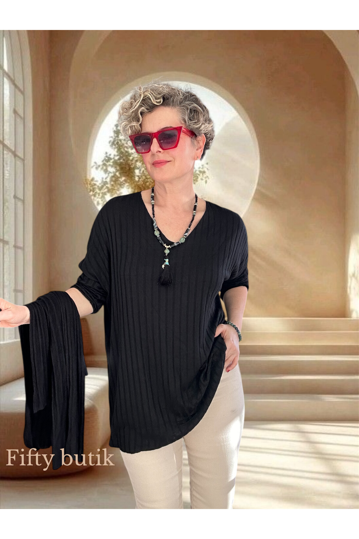 Rossi İtalyan Fularlı Tasarım Triko Bluz Siyah