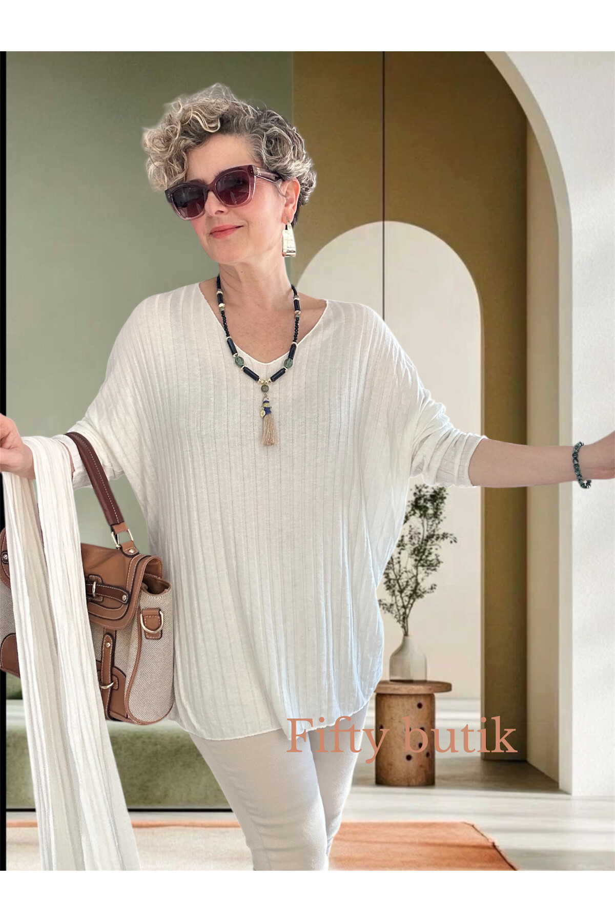 Rossi İtalyan Fularlı Tasarım Triko Bluz White